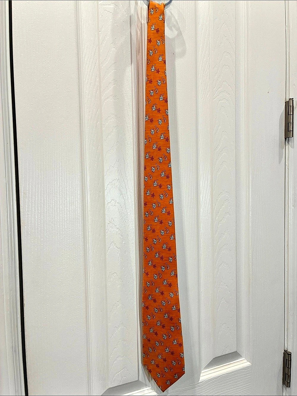 Hermès Fish and Moon Pattern Silk Tie Orange & Blue